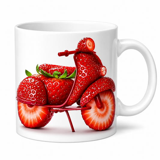 Strawberry Scooter Design Printed White Ceramic Coffee Mug | Creative Fruit Art Mug | Premium Sublimation Tea & Coffee Mug
