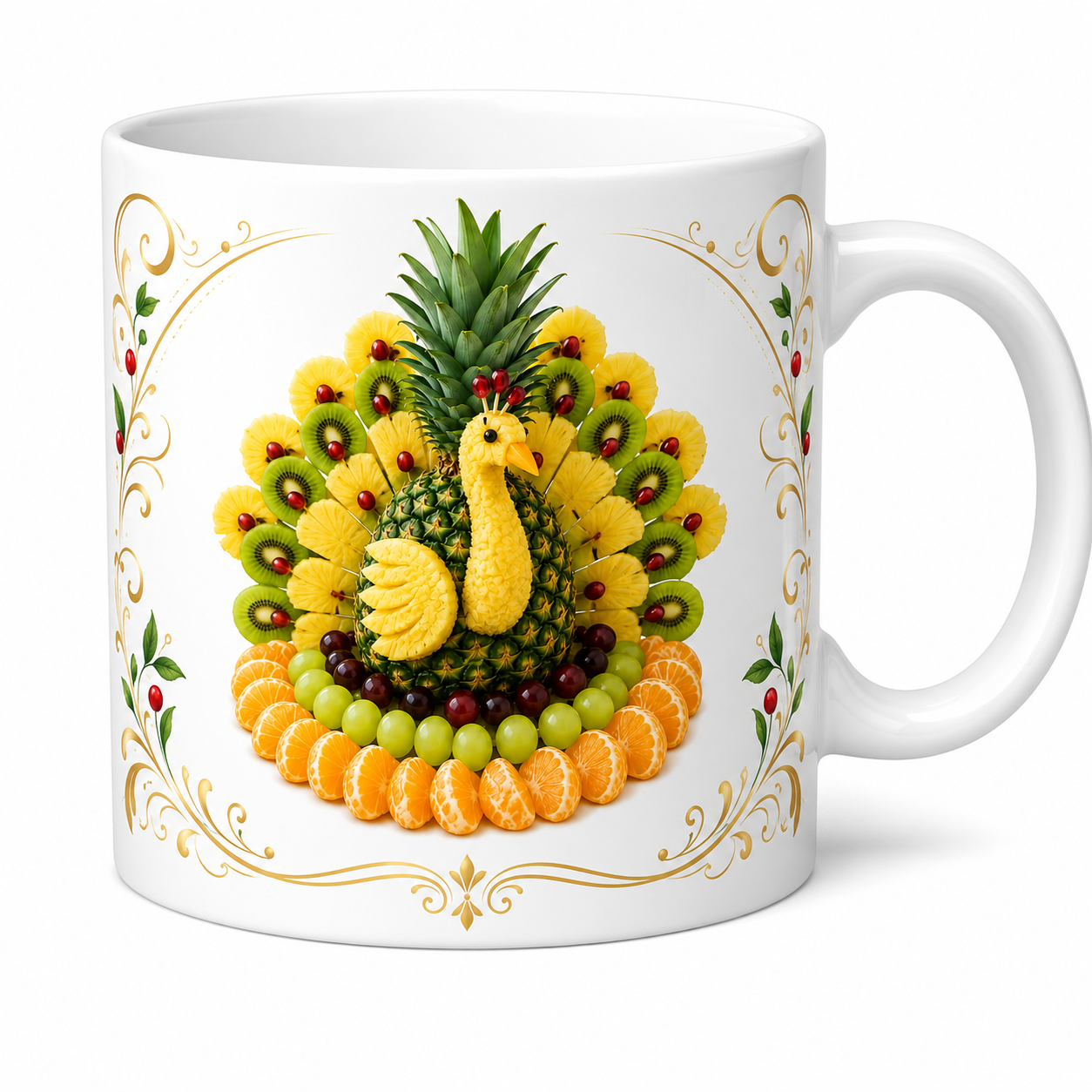 Fruit Peacock Design Printed White Ceramic Coffee Mug | Premium Sublimation Tea & Coffee Mug | Unique Gift for Home & Office | 325 ml