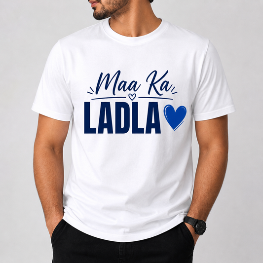 Maa Ka Ladla 💙 Printed T-Shirt | Funny Emotional Quote Tee | Premium Cotton Unisex | White & Gray