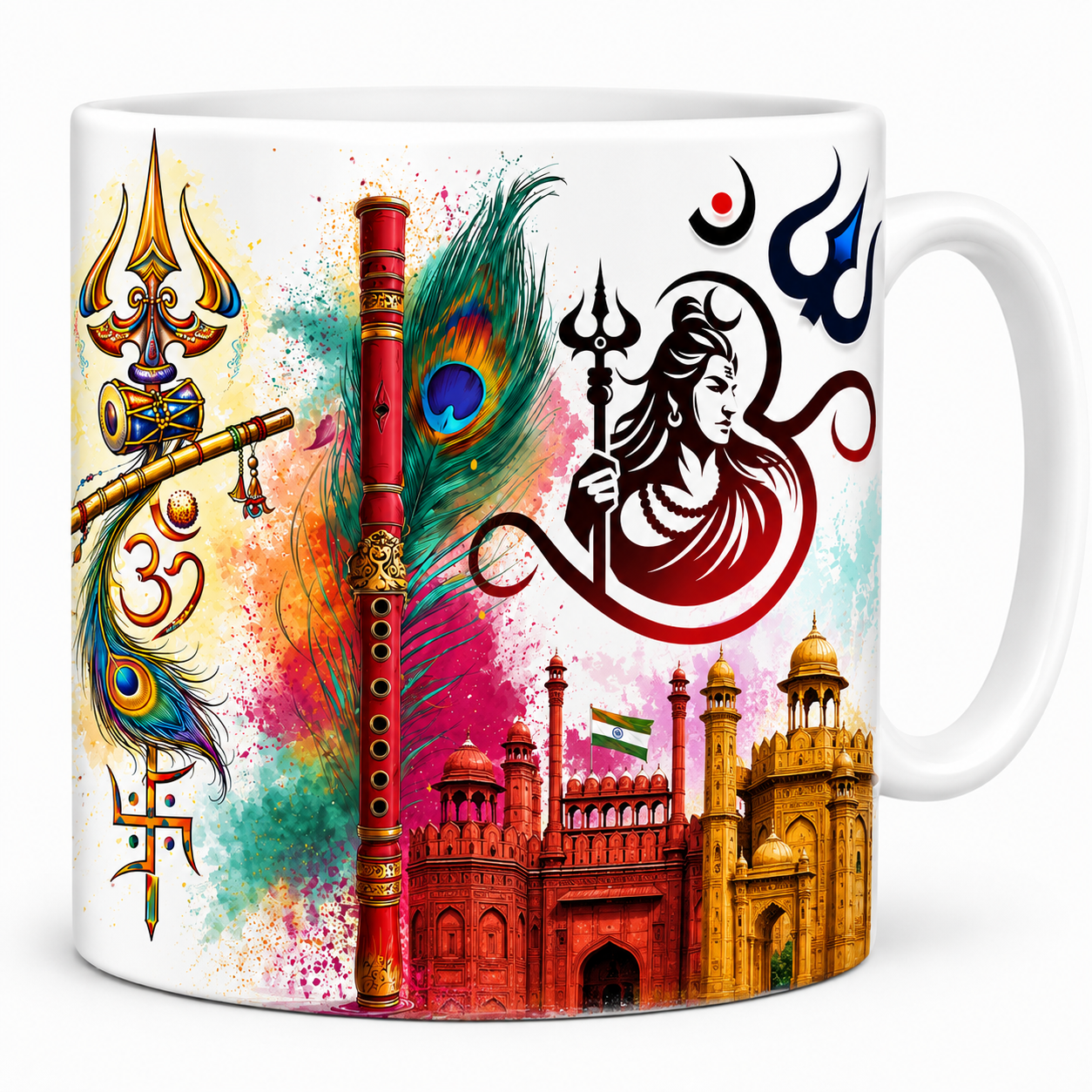 Hindu Spiritual Art Ceramic Coffee Mug | Mahadev, Krishna Flute, Om & Trishul Design |