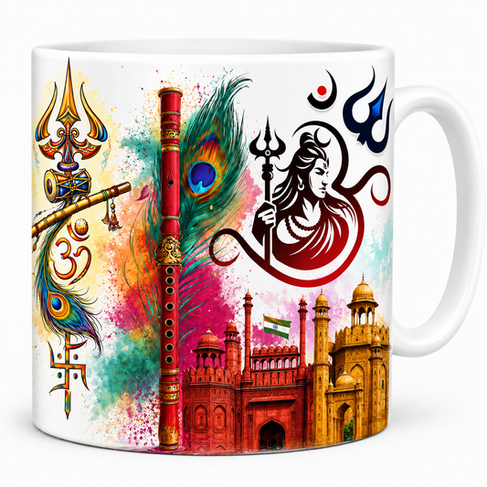 Hindu Spiritual Art Ceramic Coffee Mug | Mahadev, Krishna Flute, Om & Trishul Design |